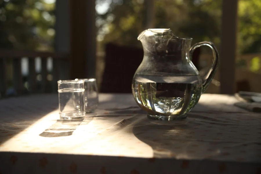 Zauberwasser: Wasserkrug und Gläser auf dem Esstisch im Abendlicht